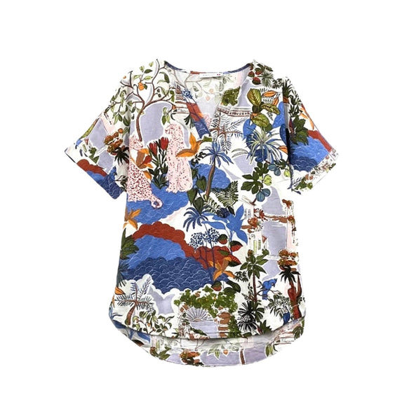 Patch Women Casual Short Sleeve V Neck Linen Printed Blouse